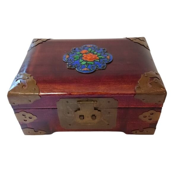 Vintage Cloisonne Wooden Jewelry Box Asian Brass Floral Rosewood Silk Lined - Picture 13 of 16